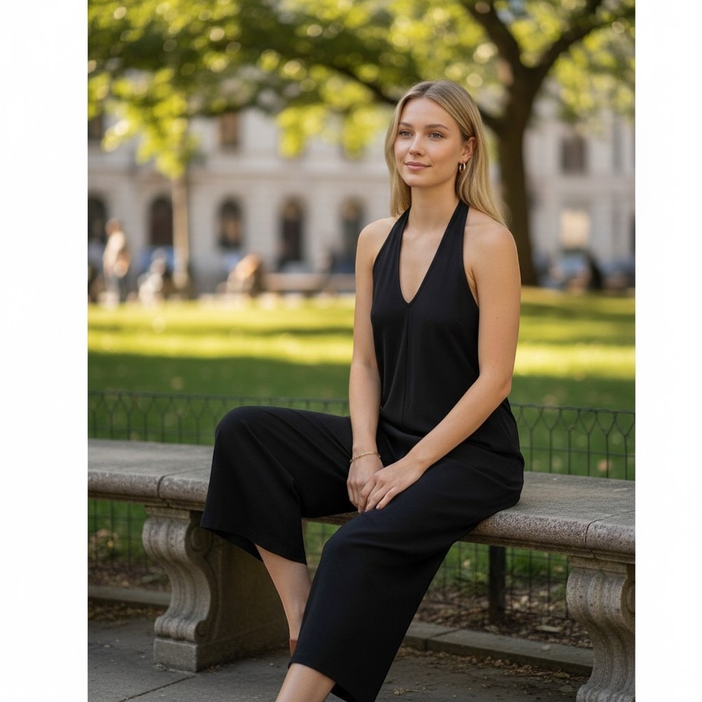 Garfield & Marks Black Halter Midi Dress V-Neck USA made sz10 NWT (not jumpsuit)